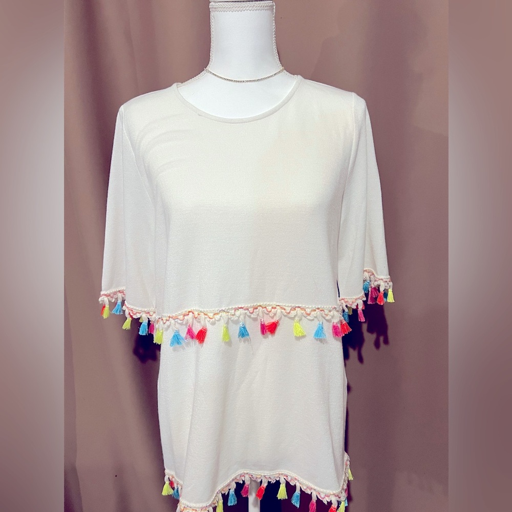 Women’s White Cream Tassel Trim Top